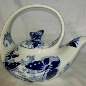 Pier 1 Teapot with Lid Blue & White Porcelain Butterfly Themed Asian Handle